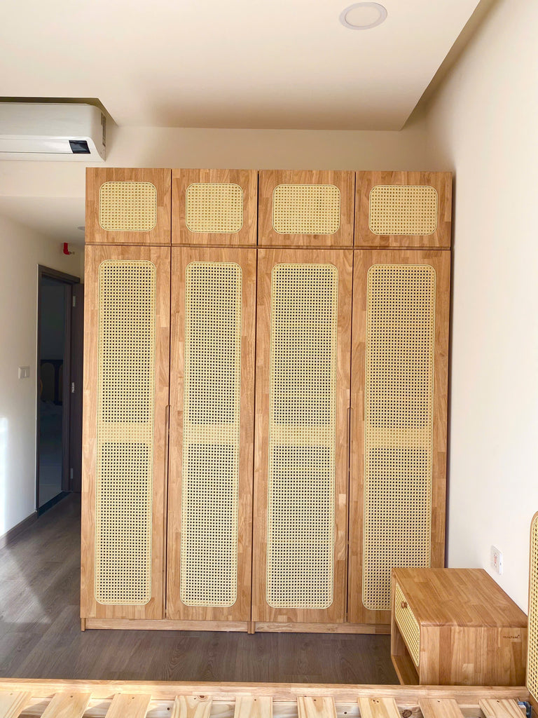 Tủ áo gỗ cao su tự nhiên kết hợp Mây (màu tự nhiên)