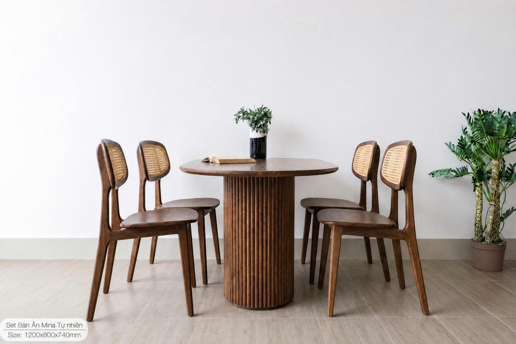 Bộ bàn ăn chân trụ Mina Nâu 4 ghế