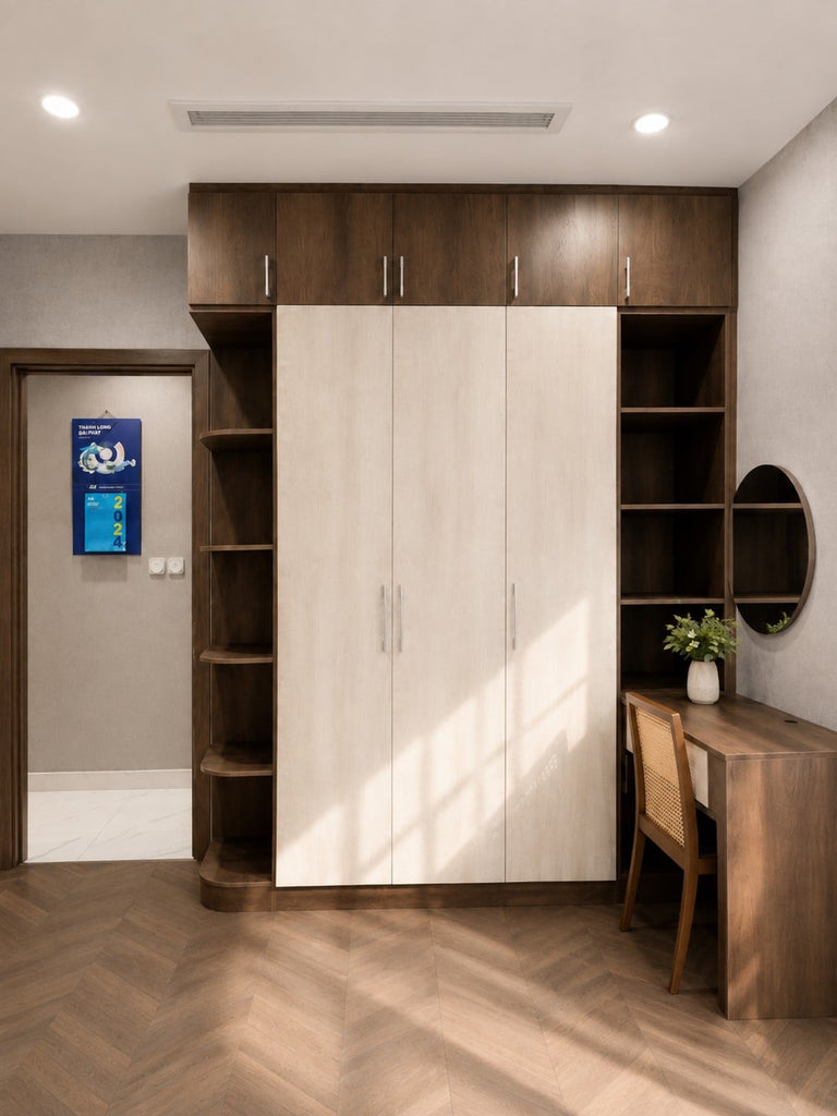 TỦ ÁO KẾT HỢP BÀN TRANG ĐIỂM MÂY NÂU - TRẮNG