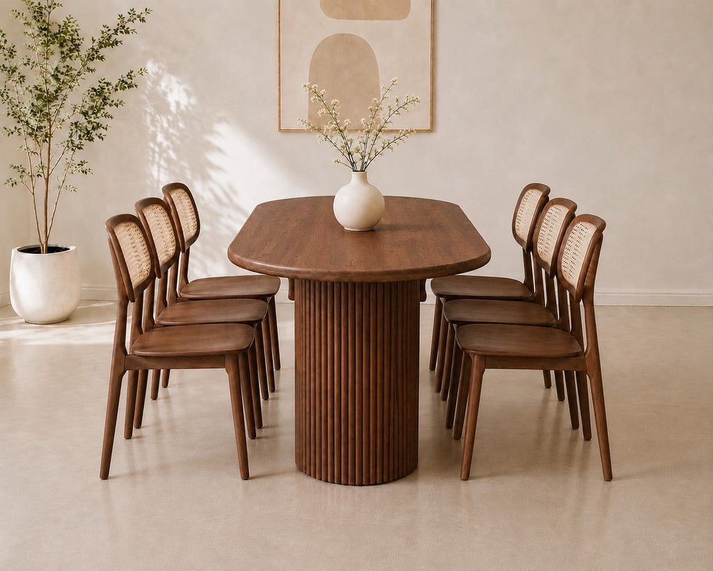 Bộ bàn ăn chân trụ Mina nâu 6 ghế