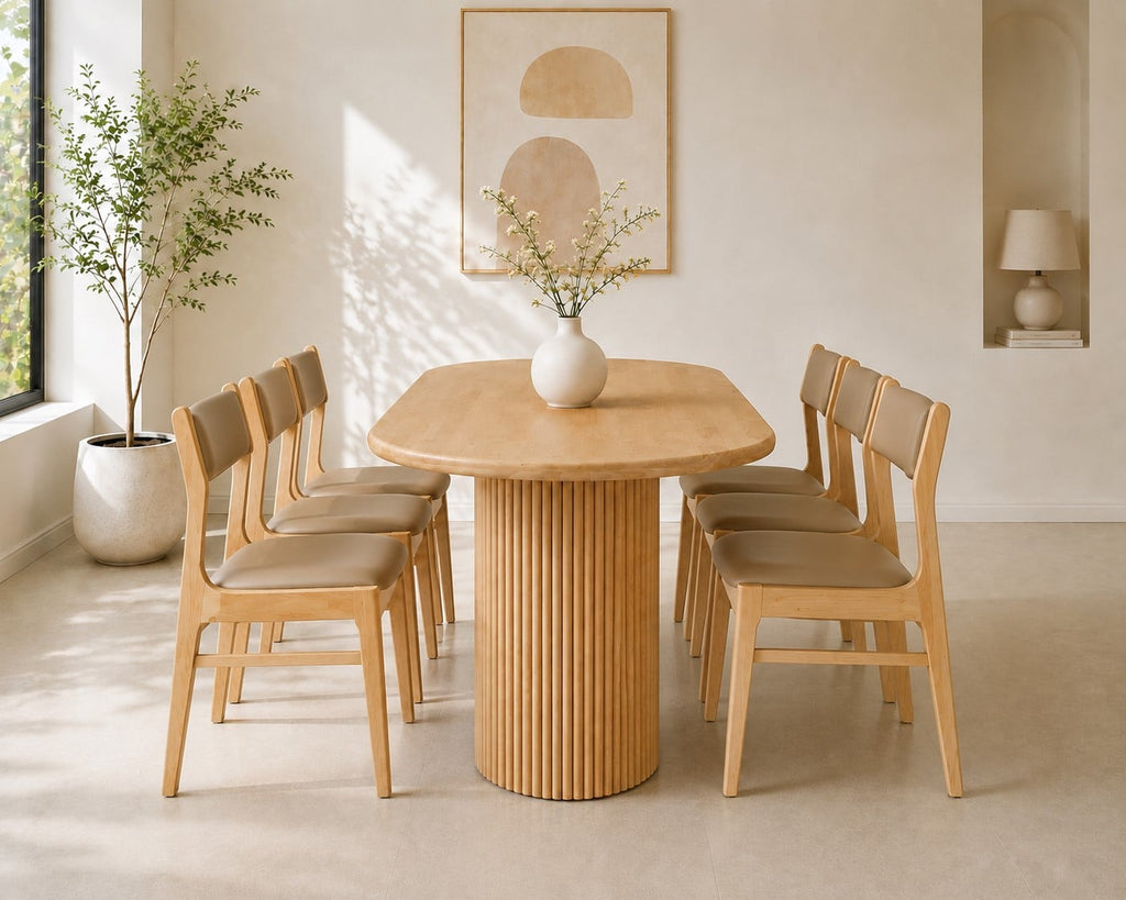 Bộ bàn ăn chân trụ Tina tự nhiên 6 ghế
